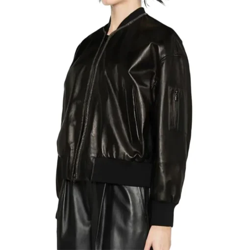 womens-band-collar-black-faux-leather-bomber-jacket