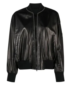 womens-band-collar-black-faux-leather-bomber-jacket