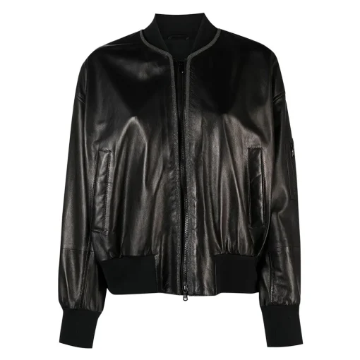 womens-band-collar-black-faux-leather-bomber-jacket