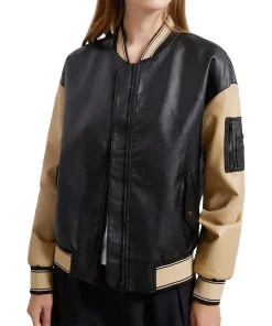 womens-black-and-khaki-faux-leather-bomber-jacket