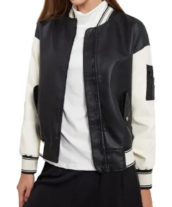 womens-black-and-white-faux-leather-bomber-jacket