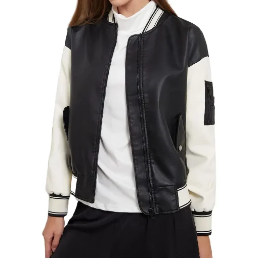 womens-black-and-white-faux-leather-bomber-jacket