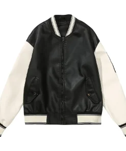 womens-black-and-white-faux-leather-bomber-jacket