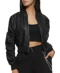 womens-black-faux-leather-ruched-sleeve-bomber-jacket