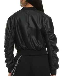 womens-black-faux-leather-ruched-sleeve-bomber-jacket