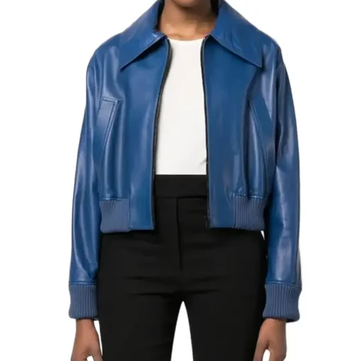 womens-blue-faux-leather-bomber-jacket