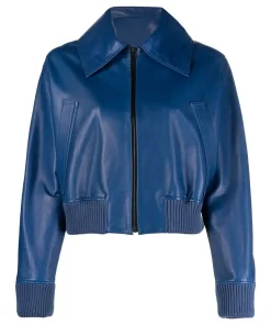 womens-blue-faux-leather-bomber-jacket