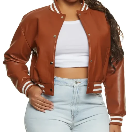 womens-brown-faux-leather-bomber-jacket