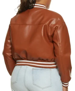 womens-brown-faux-leather-bomber-jacket