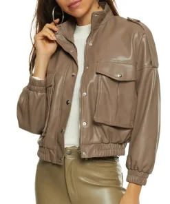 womens-brown-faux-leather-cargo-pocket-bomber-jacket