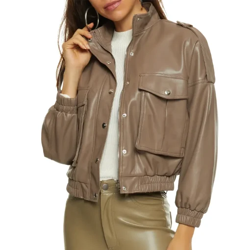 womens-brown-faux-leather-cargo-pocket-bomber-jacket