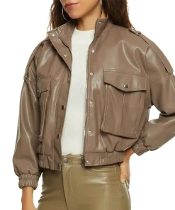 womens-brown-faux-leather-cargo-pocket-bomber-jacket