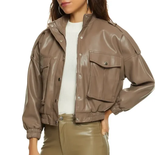 womens-brown-faux-leather-cargo-pocket-bomber-jacket