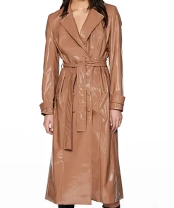 womens-brown-faux-leather-trench-coat