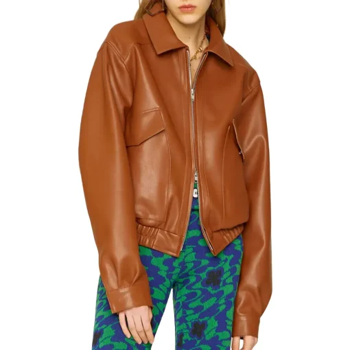 womens-brown-faux-leather-volume-bomber-jacket