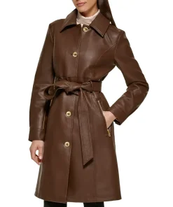 womens-chocolate-brown-faux-leather-belted-trench-coat