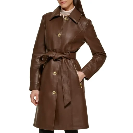 womens-chocolate-brown-faux-leather-belted-trench-coat