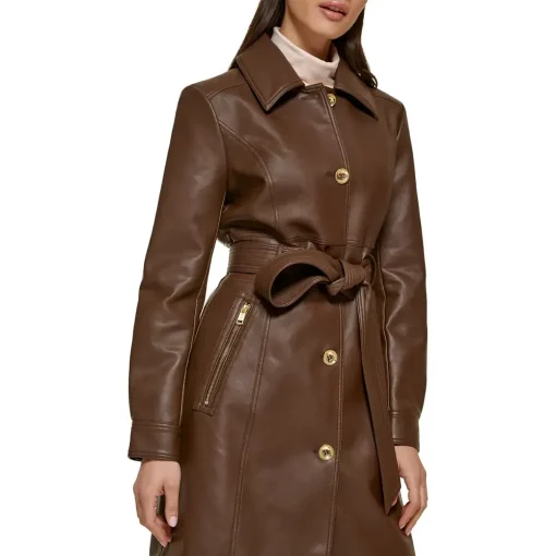 womens-chocolate-brown-faux-leather-belted-trench-coat