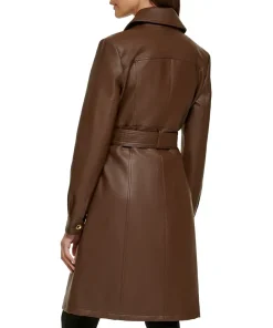 womens-chocolate-brown-faux-leather-belted-trench-coat