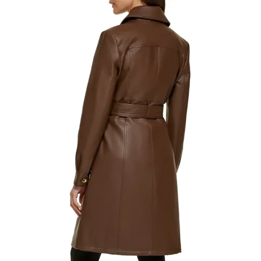 womens-chocolate-brown-faux-leather-belted-trench-coat