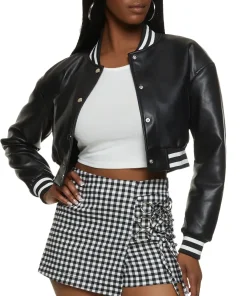 womens-cropped-black-faux-leather-bomber-jacket