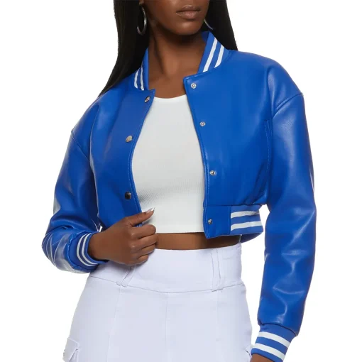 womens-cropped-blue-faux-leather-bomber-jacket