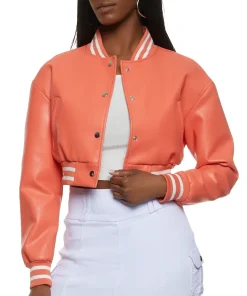 womens-cropped-orange-faux-leather-bomber-jacket