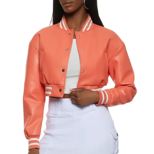 womens-cropped-orange-faux-leather-bomber-jacket