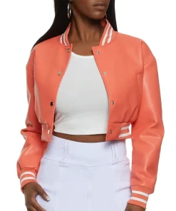 womens-cropped-orange-faux-leather-bomber-jacket