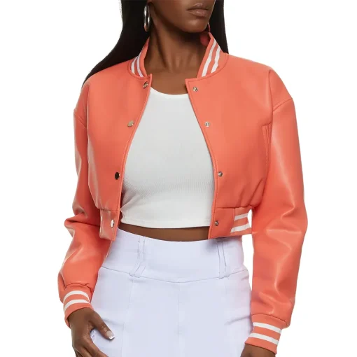 womens-cropped-orange-faux-leather-bomber-jacket