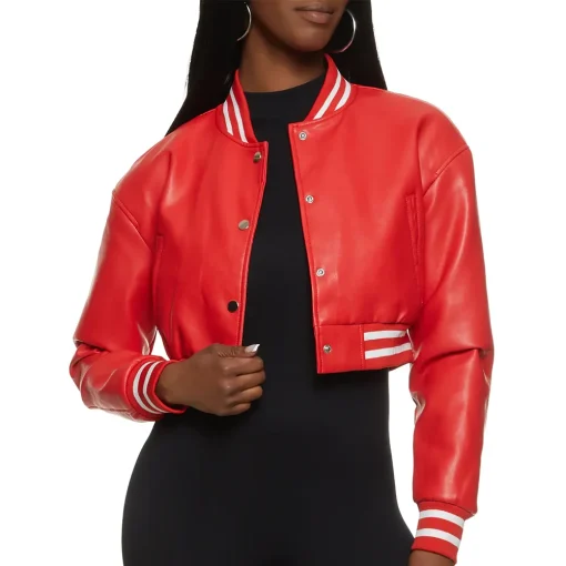 womens-cropped-red-faux-leather-bomber-jacket