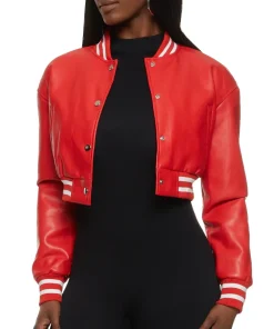 womens-cropped-red-faux-leather-bomber-jacket