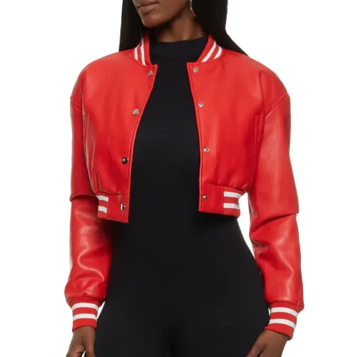 womens-cropped-red-faux-leather-bomber-jacket