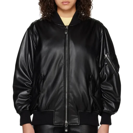 womens-grained-black-faux-leather-bomber-jacket