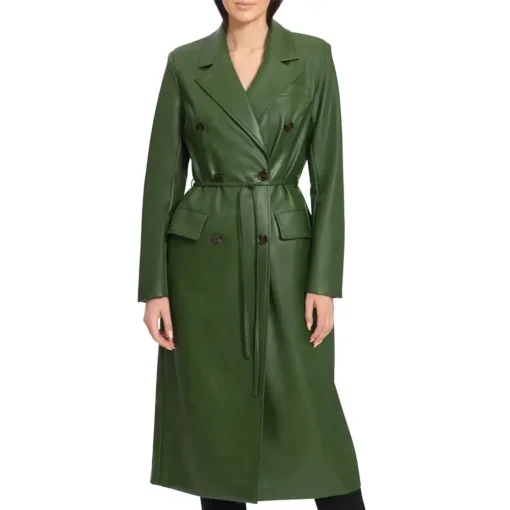 womens-green-faux-leather-trench-coat