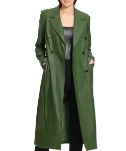 womens-green-faux-leather-trench-coat