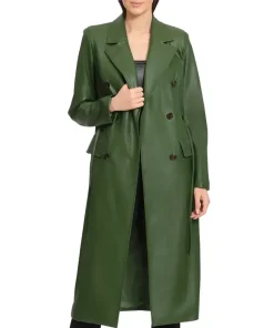 womens-green-faux-leather-trench-coat