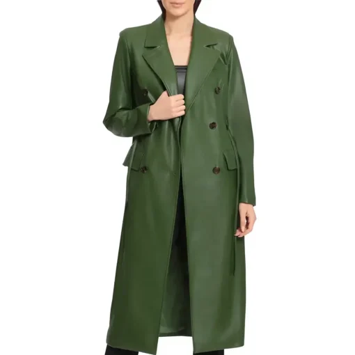 womens-green-faux-leather-trench-coat