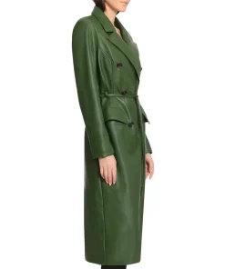 womens-green-faux-leather-trench-coat