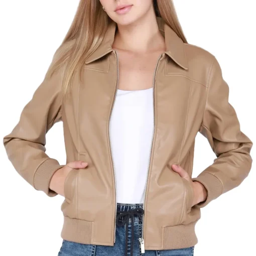 womens-light-camel-faux-leather-bomber-jacket