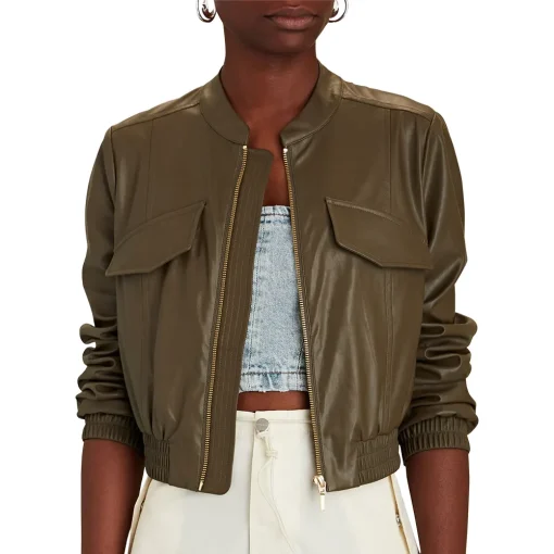 womens-olive-green-faux-leather-bomber-jacket