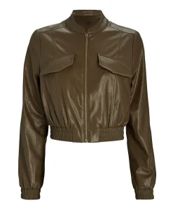 womens-olive-green-faux-leather-bomber-jacket