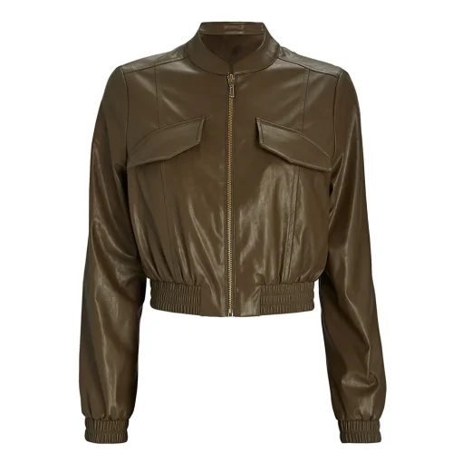 womens-olive-green-faux-leather-bomber-jacket