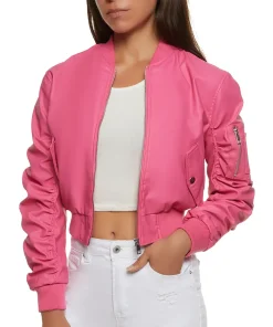 womens-pink-faux-leather-ruched-sleeve-bomber-jacket