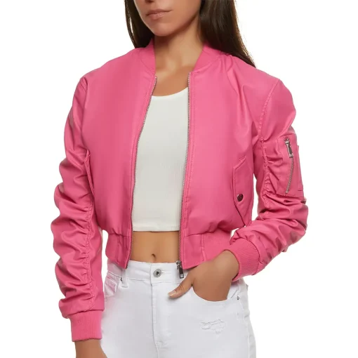 womens-pink-faux-leather-ruched-sleeve-bomber-jacket