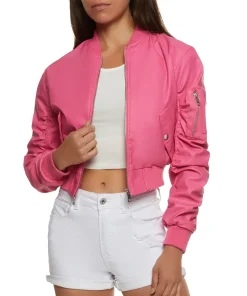 womens-pink-faux-leather-ruched-sleeve-bomber-jacket