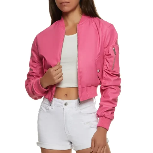 womens-pink-faux-leather-ruched-sleeve-bomber-jacket