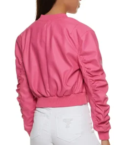 womens-pink-faux-leather-ruched-sleeve-bomber-jacket