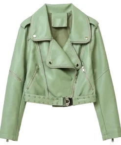 womens-rivet-belt-green-faux-leather-jacket