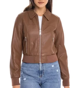 womens-shirt-collar-brown-faux-leather-bomber-jacket